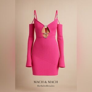 Mach & Mach Crystal Bow Ribbed Cutout Long Sleeve Sweater Dress in Fuchsia sz XL